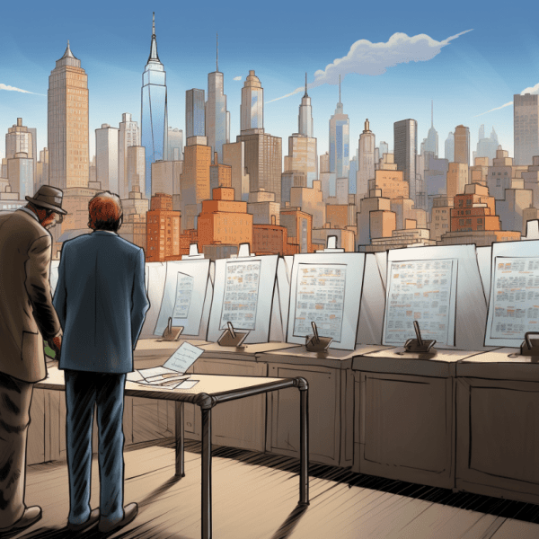 A bustling American city skyline looms in the background as a weary voter examines a ballot riddled with controversial policy proposals and conflicting interests.