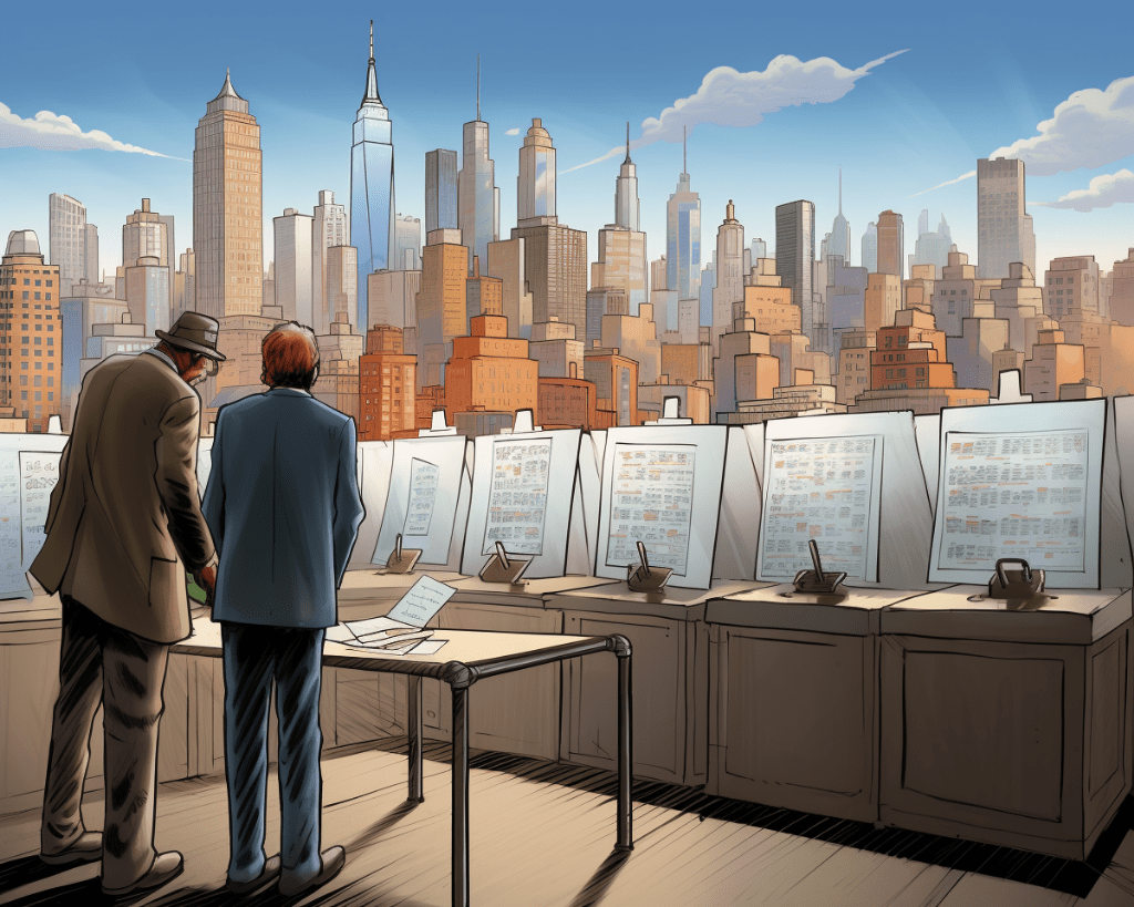 A bustling American city skyline looms in the background as a weary voter examines a ballot riddled with controversial policy proposals and conflicting interests.