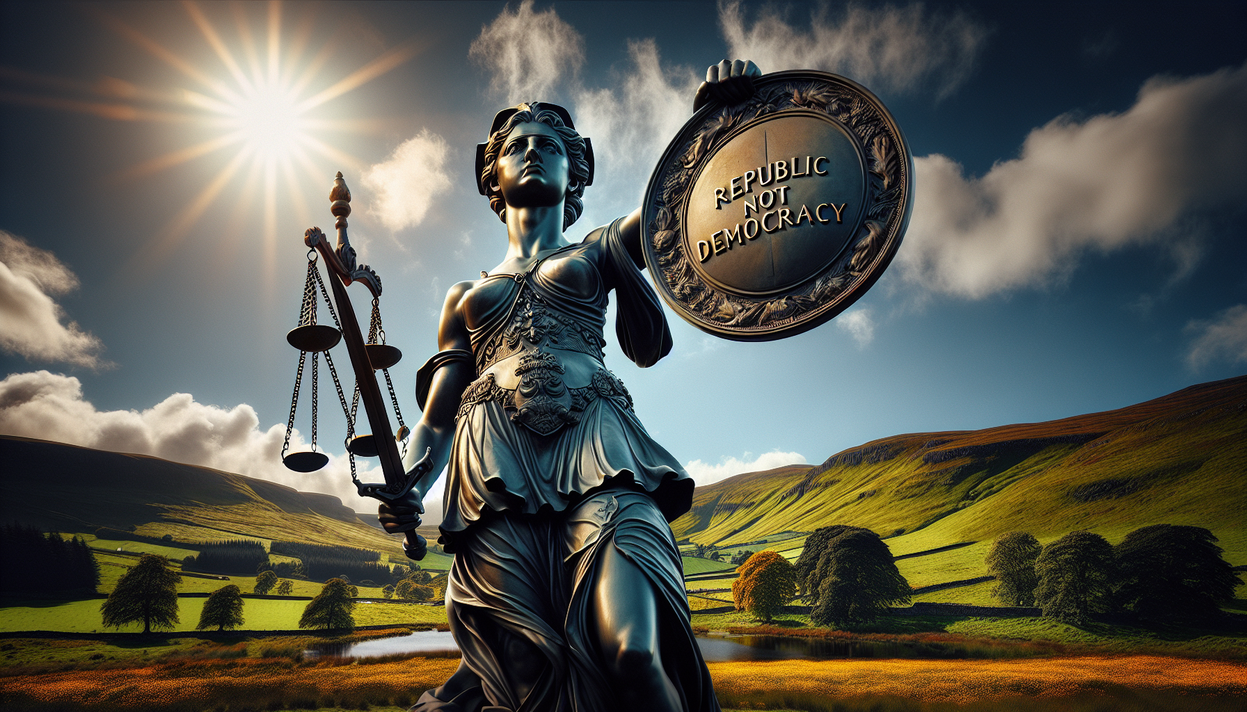 A statue of justice, holding the scales of balance in one hand and a shield bearing the words "Republic, not Democracy" in the other, stands proudly amidst a picturesque landscape.