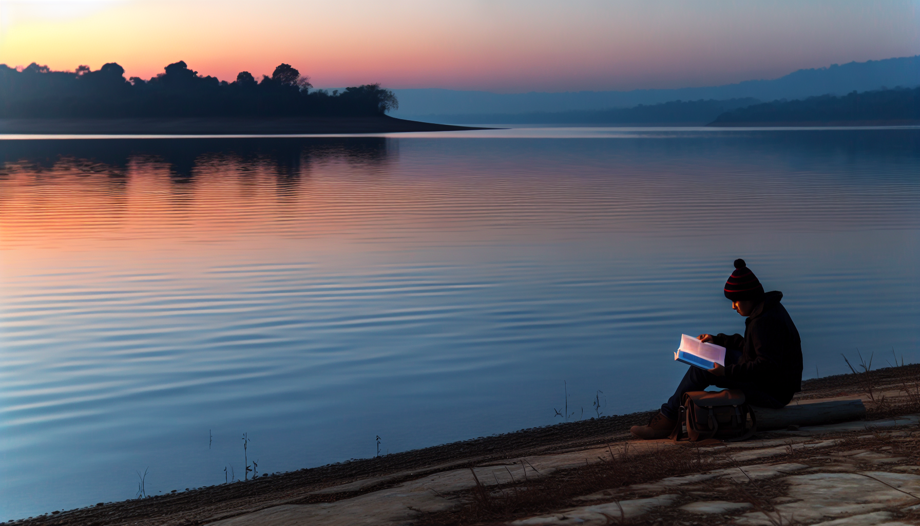A solitary figure sits peacefully by a serene lake at sunset, with minimalistic surroundings emphasizing simplicity and tranquility. The young man is holding a text book reading.