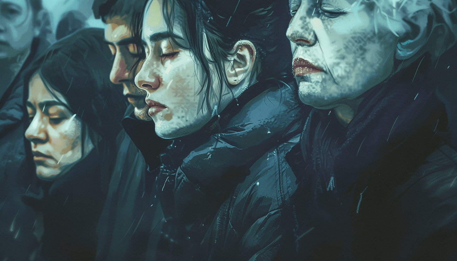 A cold windy day at a funeral sad faces mourning a loved one