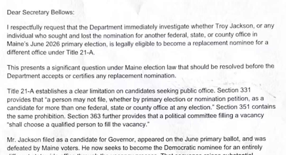 Republican Lawmaker Asks Secretary of State to Investigate Whether Troy Jackson Is Eligible for Democratic U.S. Senate Nomination